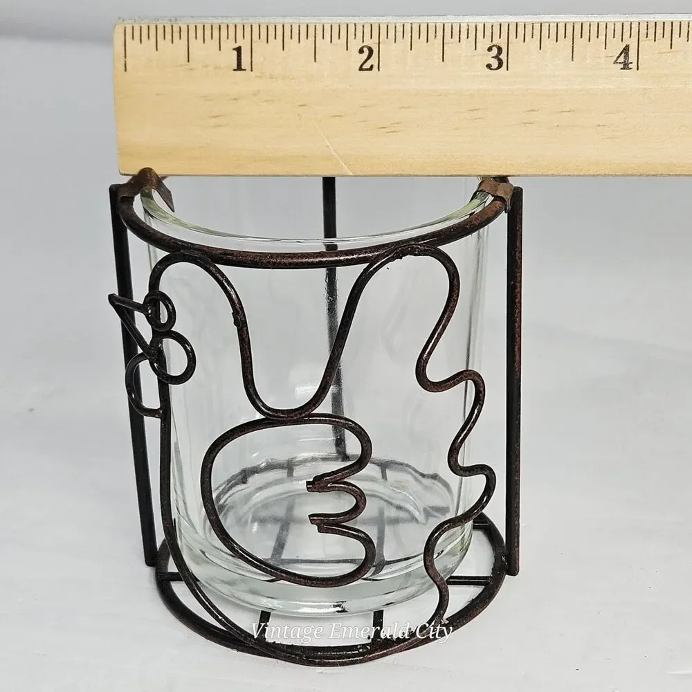 Vtg Chicken Bird Tea Light Votive Candle Holder Clear Glass Rustic Metal Holder